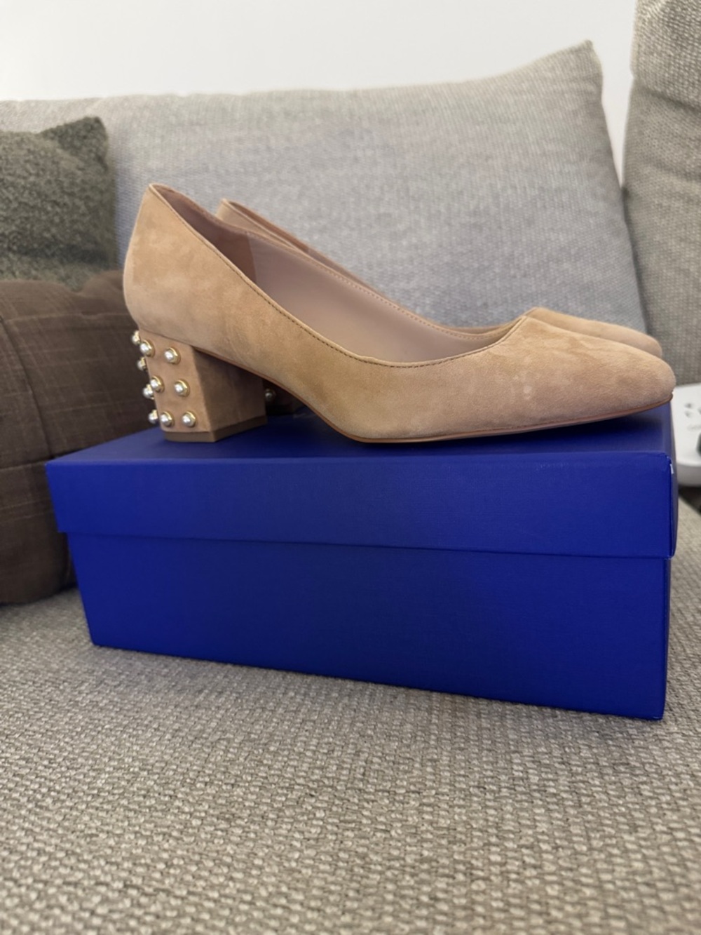Stuart Weitzman Beige Suede Block Pearl 60 Pump